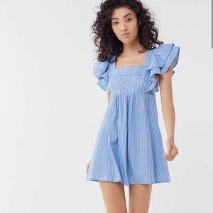 Urban Outfitters Blue White Striped Ruffled Tie Back Casual Boho Babydoll Dress